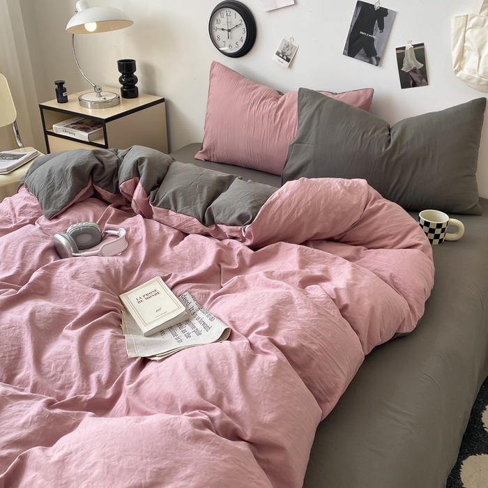 91家纺网 家纺一手货源 找家纺 夜笙家纺 2025新款水洗棉纯色双拼四件套 双拼-粉灰