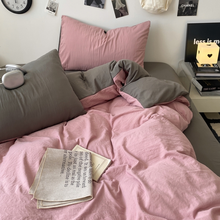 91家纺网 家纺一手货源 找家纺 夜笙家纺 2025新款水洗棉纯色双拼四件套 双拼-粉灰