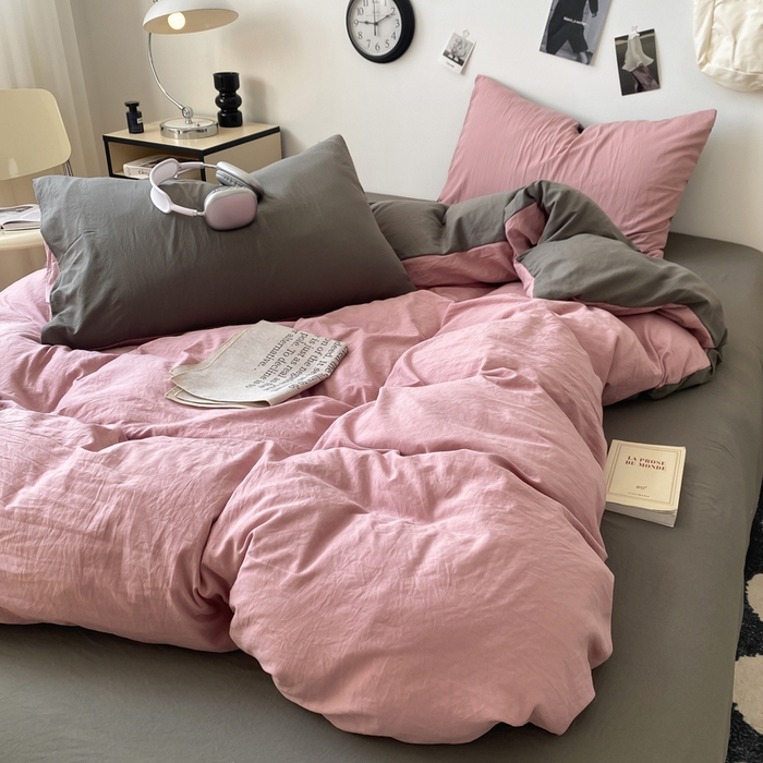 91家纺网 家纺一手货源 找家纺 夜笙家纺 2025新款水洗棉纯色双拼四件套 双拼-粉灰