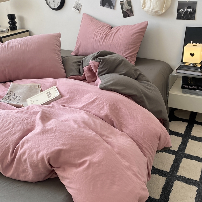 91家纺网 家纺一手货源 找家纺 夜笙家纺 2025新款水洗棉纯色双拼四件套 双拼-粉灰