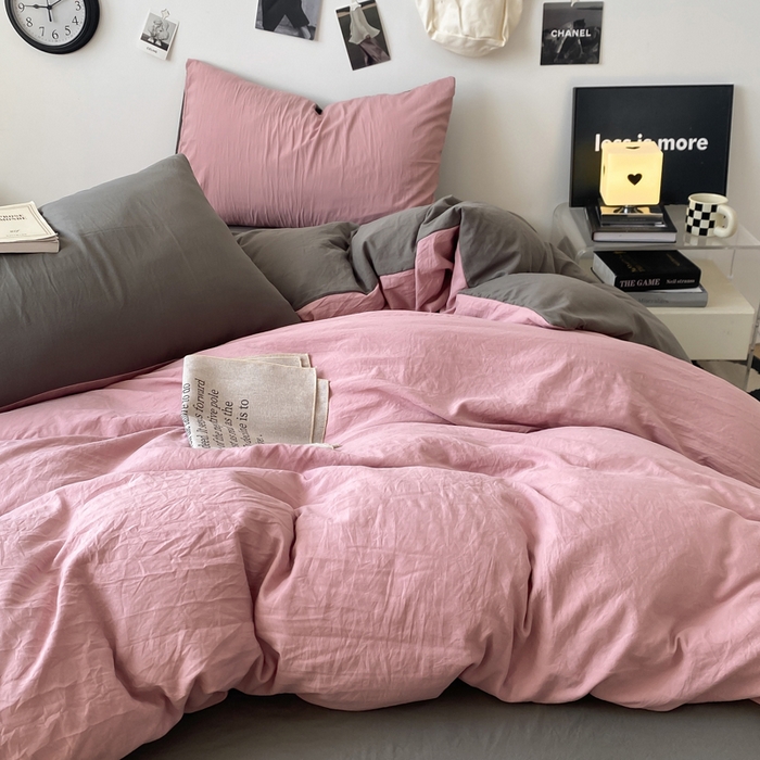 91家纺网 家纺一手货源 找家纺 夜笙家纺 2025新款水洗棉纯色双拼四件套 双拼-粉灰