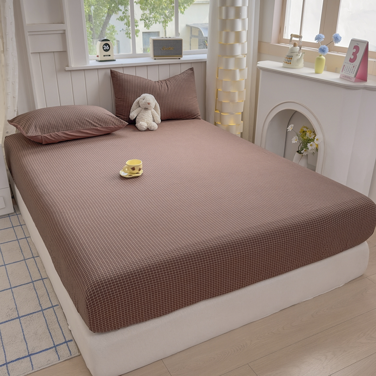 91家纺网 家纺一手货源 找家纺 晚依家纺 2025新款A类色织全棉水洗棉床单单件纯棉格子纯色学生宿舍定制定做 沐风-焦糖