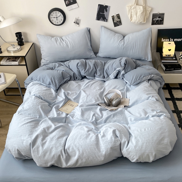 91家纺网 家纺一手货源 找家纺 夜笙家纺 2025新款水洗棉纯色双拼四件套 双拼-海珀冰蓝