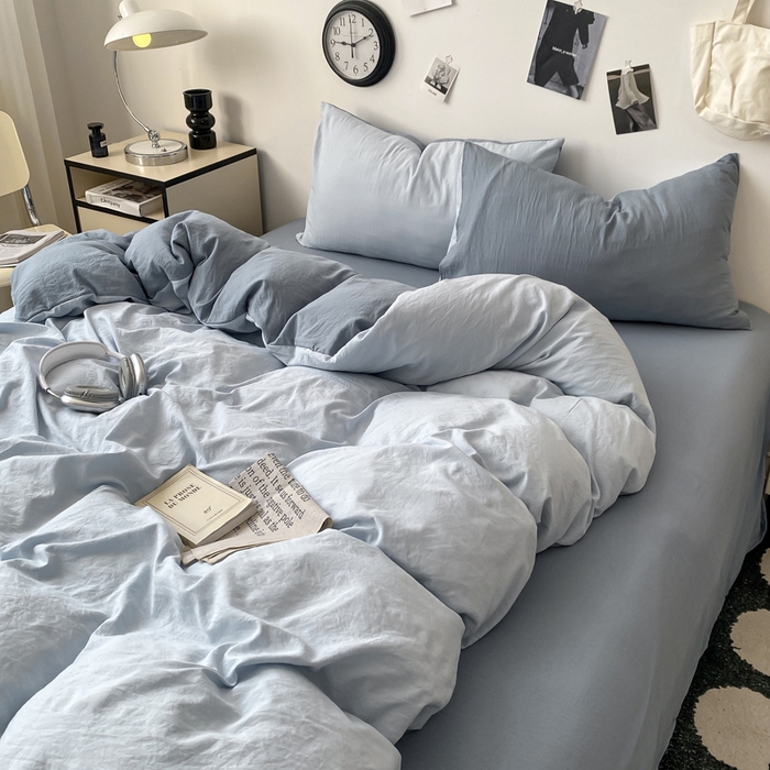91家纺网 家纺一手货源 找家纺 夜笙家纺 2025新款水洗棉纯色双拼四件套 双拼-海珀冰蓝