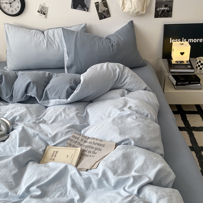 91家纺网 家纺一手货源 找家纺 夜笙家纺 2025新款水洗棉纯色双拼四件套 双拼-海珀冰蓝