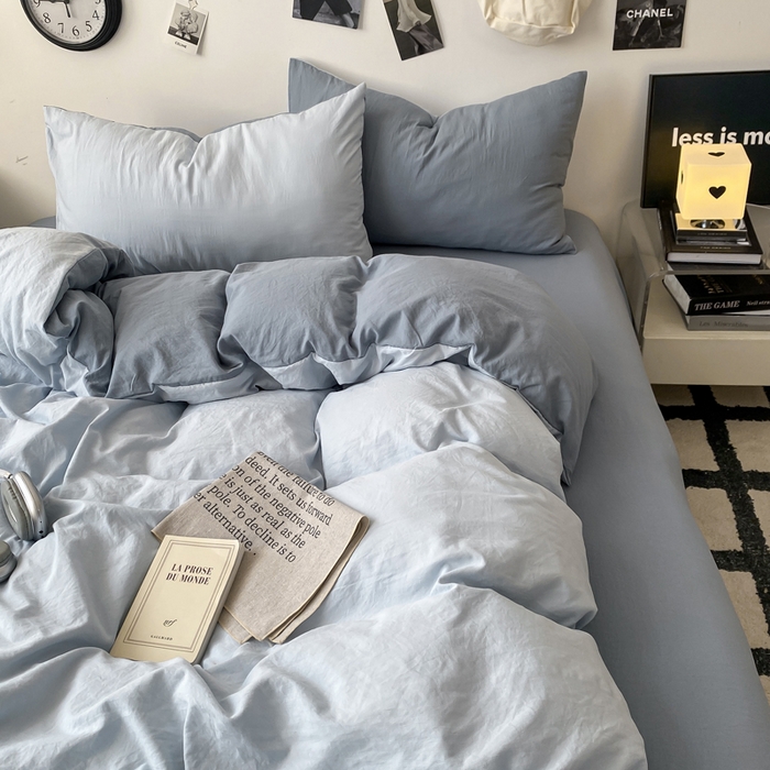 91家纺网 家纺一手货源 找家纺 夜笙家纺 2025新款水洗棉纯色双拼四件套 双拼-海珀冰蓝