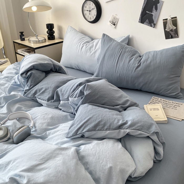 91家纺网 家纺一手货源 找家纺 夜笙家纺 2025新款水洗棉纯色双拼四件套 双拼-海珀冰蓝