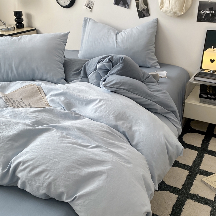91家纺网 家纺一手货源 找家纺 夜笙家纺 2025新款水洗棉纯色双拼四件套 双拼-海珀冰蓝