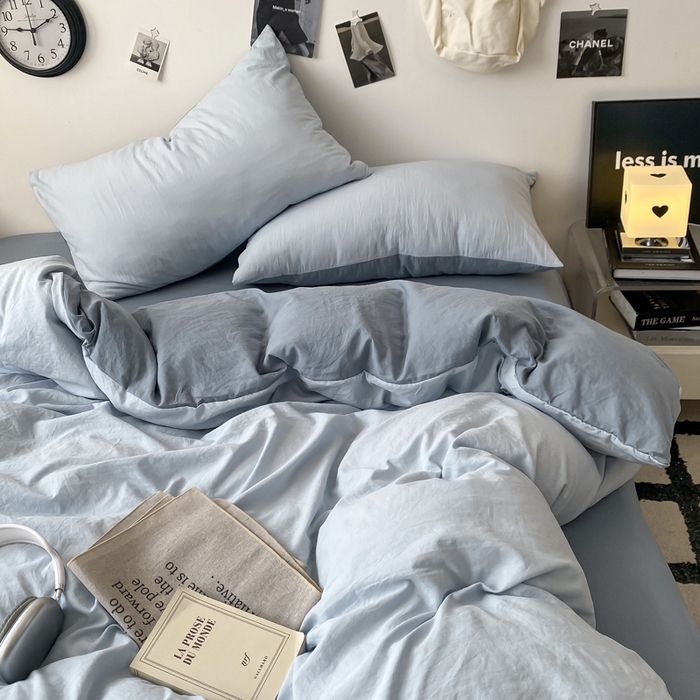 91家纺网 家纺一手货源 找家纺 夜笙家纺 2025新款水洗棉纯色双拼四件套 双拼-海珀冰蓝