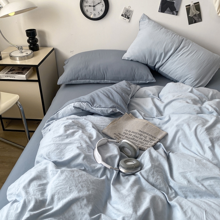 91家纺网 家纺一手货源 找家纺 夜笙家纺 2025新款水洗棉纯色双拼四件套 双拼-海珀冰蓝