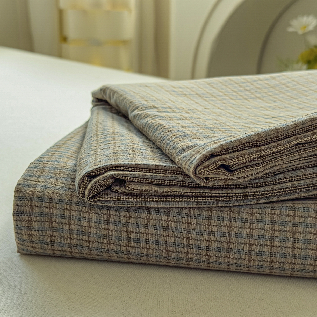 91家纺网 家纺一手货源 找家纺 晚依家纺 2025新款A类色织全棉水洗棉床单单件纯棉格子纯色学生宿舍定制定做 沐风-兰咖