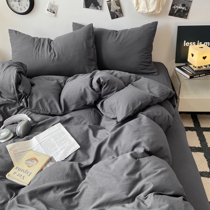 夜笙家纺 2025新款水洗棉纯色双拼四件套 双拼-墨灰