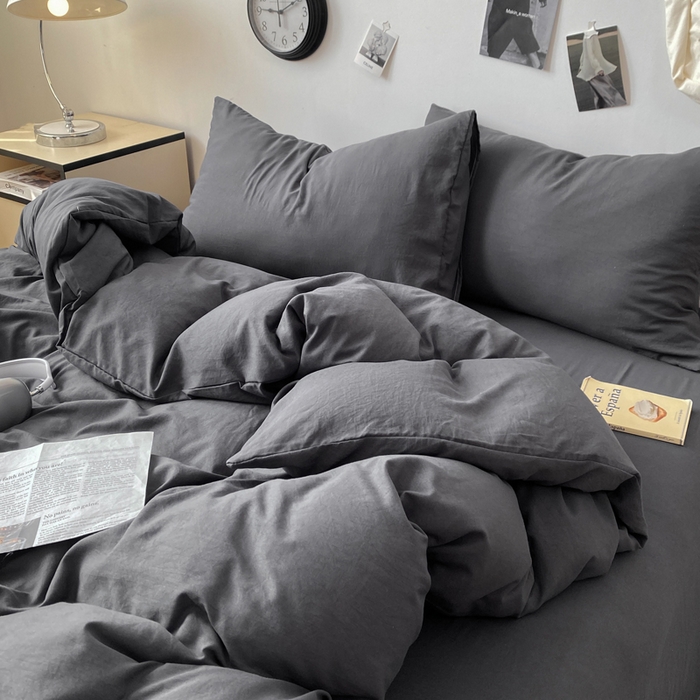 91家纺网 家纺一手货源 找家纺 夜笙家纺 2025新款水洗棉纯色双拼四件套 双拼-墨灰