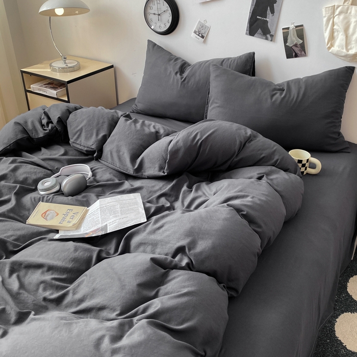 91家纺网 家纺一手货源 找家纺 夜笙家纺 2025新款水洗棉纯色双拼四件套 双拼-墨灰