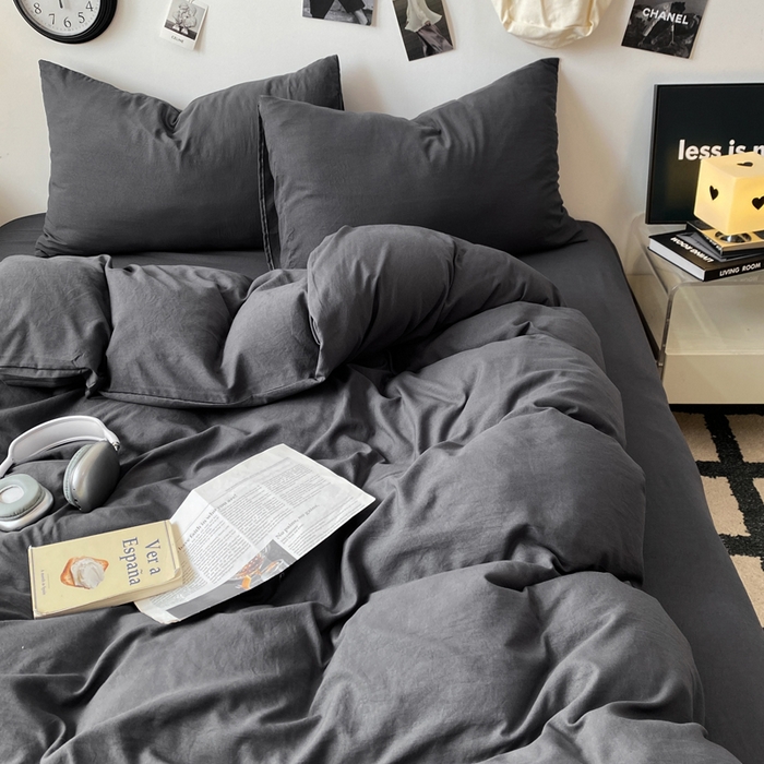 91家纺网 家纺一手货源 找家纺 夜笙家纺 2025新款水洗棉纯色双拼四件套 双拼-墨灰