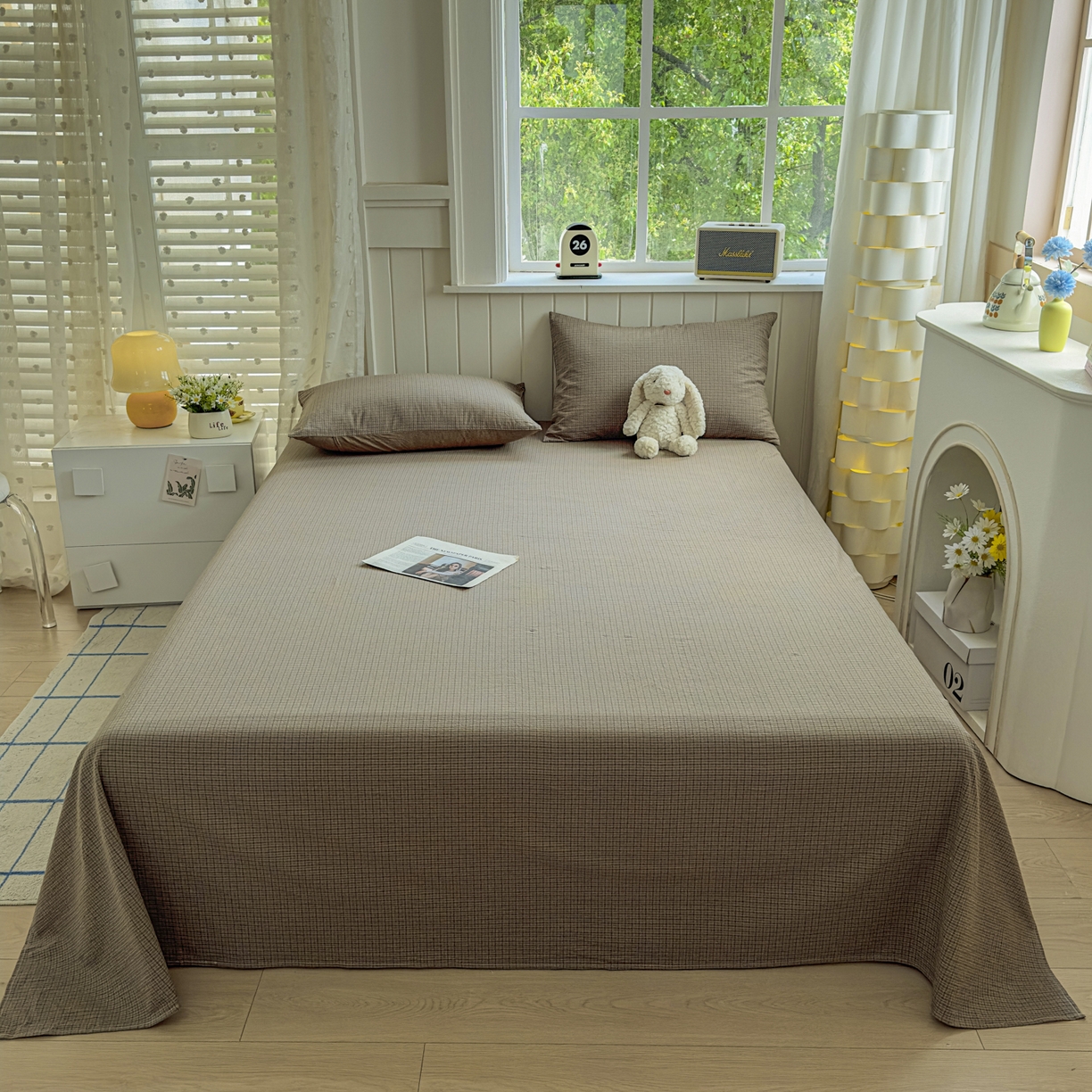 91家纺网 家纺一手货源 找家纺 晚依家纺 2025新款A类色织全棉水洗棉床单单件纯棉格子纯色学生宿舍定制定做 沐风-兰咖