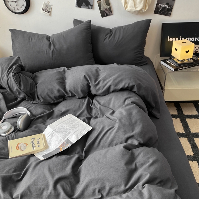 91家纺网 家纺一手货源 找家纺 夜笙家纺 2025新款水洗棉纯色双拼四件套 双拼-墨灰