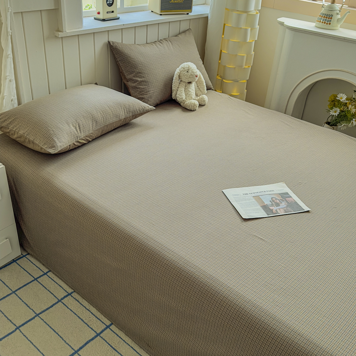 91家纺网 家纺一手货源 找家纺 晚依家纺 2025新款A类色织全棉水洗棉床单单件纯棉格子纯色学生宿舍定制定做 沐风-兰咖