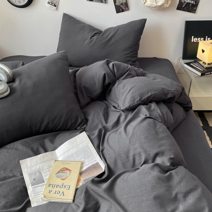 91家纺网 家纺一手货源 找家纺 夜笙家纺 2025新款水洗棉纯色双拼四件套 双拼-墨灰