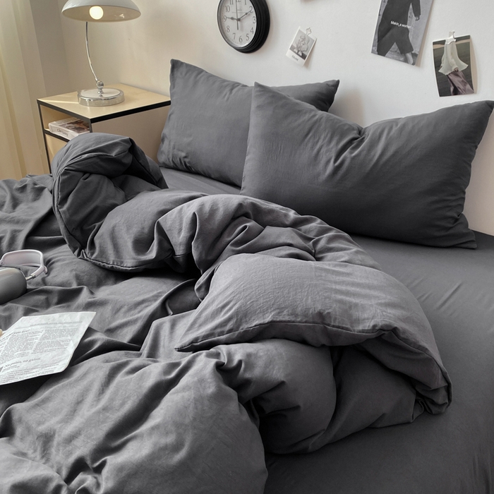 91家纺网 家纺一手货源 找家纺 夜笙家纺 2025新款水洗棉纯色双拼四件套 双拼-墨灰