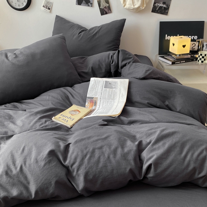 91家纺网 家纺一手货源 找家纺 夜笙家纺 2025新款水洗棉纯色双拼四件套 双拼-墨灰