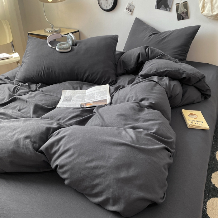 91家纺网 家纺一手货源 找家纺 夜笙家纺 2025新款水洗棉纯色双拼四件套 双拼-墨灰