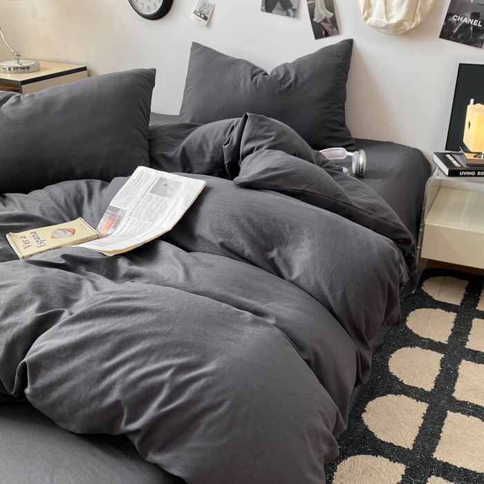 91家纺网 家纺一手货源 找家纺 夜笙家纺 2025新款水洗棉纯色双拼四件套 双拼-墨灰