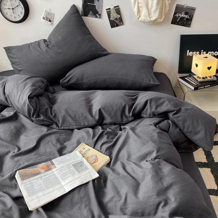 91家纺网 家纺一手货源 找家纺 夜笙家纺 2025新款水洗棉纯色双拼四件套 双拼-墨灰