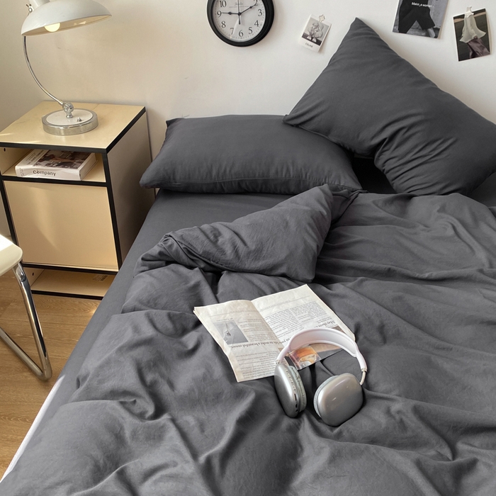 91家纺网 家纺一手货源 找家纺 夜笙家纺 2025新款水洗棉纯色双拼四件套 双拼-墨灰