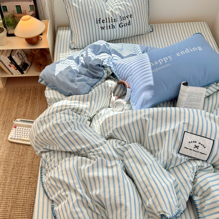 91家纺网 家纺一手货源 找家纺 觅糖家纺 2025新款全棉纯棉三角针刺绣款四件套 条纹-海盐