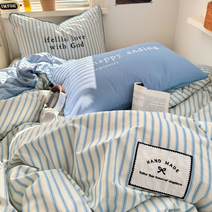 91家纺网 家纺一手货源 找家纺 觅糖家纺 2025新款全棉纯棉三角针刺绣款四件套 条纹-海盐