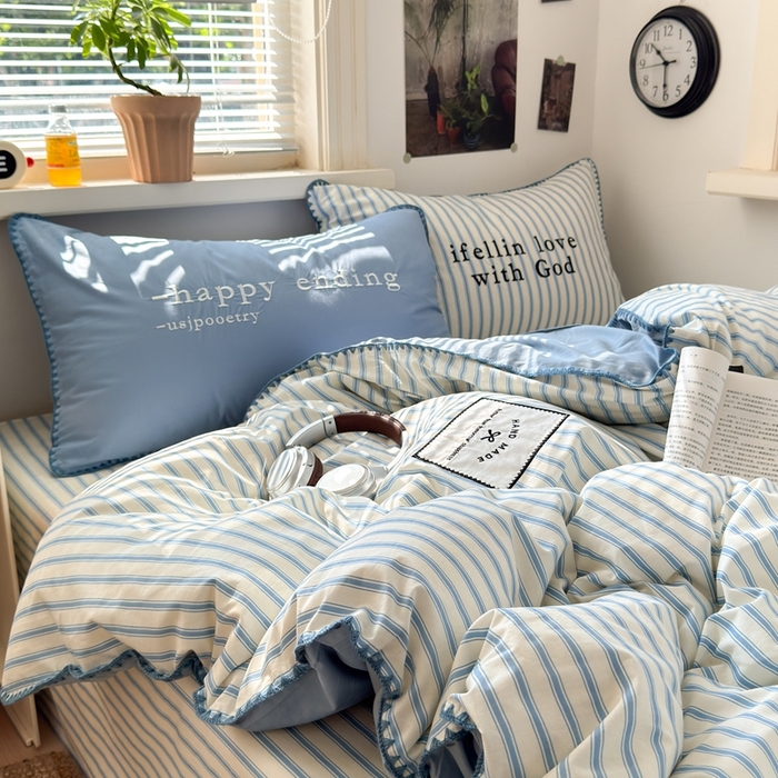 91家纺网 家纺一手货源 找家纺 觅糖家纺 2025新款全棉纯棉三角针刺绣款四件套 条纹-海盐