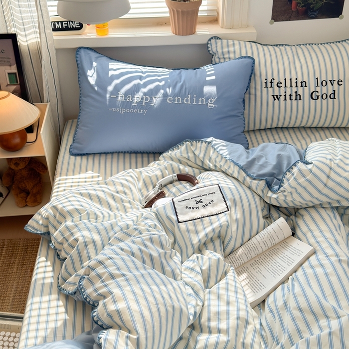 91家纺网 家纺一手货源 找家纺 觅糖家纺 2025新款全棉纯棉三角针刺绣款四件套 条纹-海盐