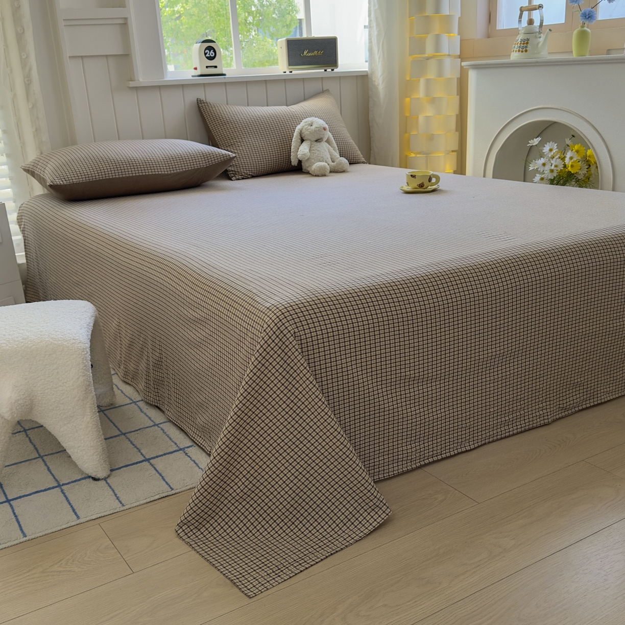 91家纺网 家纺一手货源 找家纺 晚依家纺 2025新款A类色织全棉水洗棉床单单件纯棉格子纯色学生宿舍定制定做 沐风-米咖