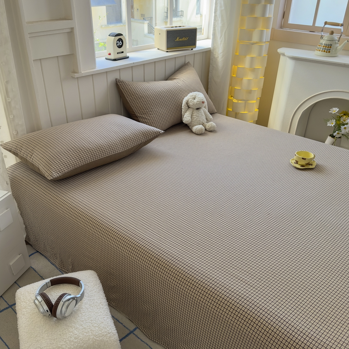 91家纺网 家纺一手货源 找家纺 晚依家纺 2025新款A类色织全棉水洗棉床单单件纯棉格子纯色学生宿舍定制定做 沐风-米咖