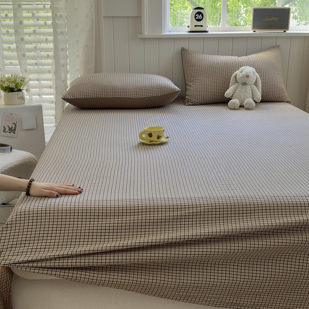 91家纺网 家纺一手货源 找家纺 晚依家纺 2025新款A类色织全棉水洗棉床单单件纯棉格子纯色学生宿舍定制定做 沐风-米咖