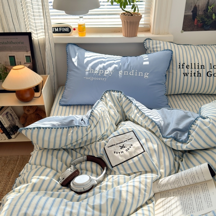 91家纺网 家纺一手货源 找家纺 觅糖家纺 2025新款全棉纯棉三角针刺绣款四件套 条纹-海盐