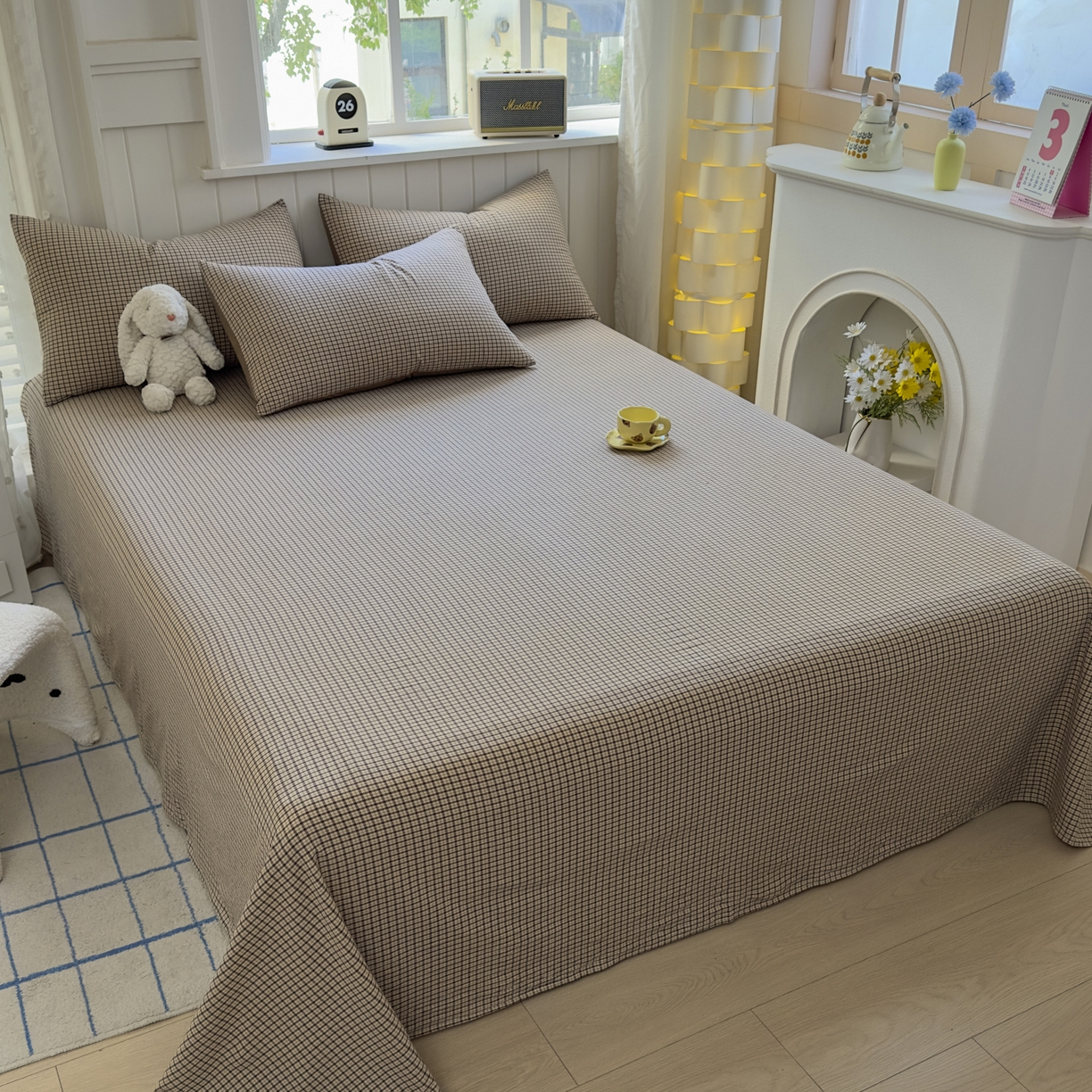 91家纺网 家纺一手货源 找家纺 晚依家纺 2025新款A类色织全棉水洗棉床单单件纯棉格子纯色学生宿舍定制定做 沐风-米咖