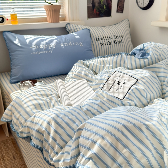 91家纺网 家纺一手货源 找家纺 觅糖家纺 2025新款全棉纯棉三角针刺绣款四件套 条纹-海盐