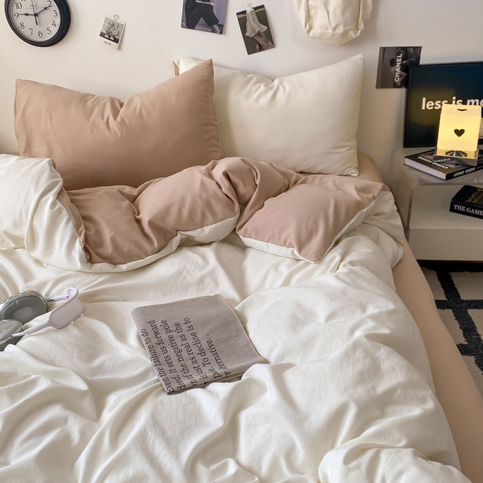 夜笙家纺 2025新款水洗棉纯色双拼四件套 双拼-奶茶啵啵
