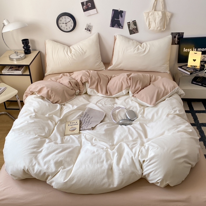 91家纺网 家纺一手货源 找家纺 夜笙家纺 2025新款水洗棉纯色双拼四件套 双拼-奶茶啵啵