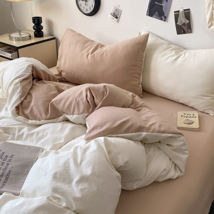 91家纺网 家纺一手货源 找家纺 夜笙家纺 2025新款水洗棉纯色双拼四件套 双拼-奶茶啵啵