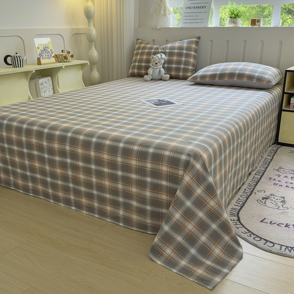 91家纺网 家纺一手货源 找家纺 晚依家纺 2025新款A类色织全棉水洗棉床单单件纯棉格子纯色学生宿舍定制定做 诺卡-浅灰