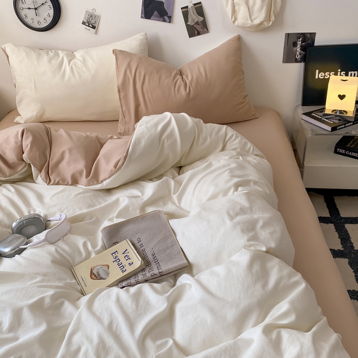 91家纺网 家纺一手货源 找家纺 夜笙家纺 2025新款水洗棉纯色双拼四件套 双拼-奶茶啵啵