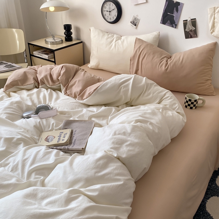 91家纺网 家纺一手货源 找家纺 夜笙家纺 2025新款水洗棉纯色双拼四件套 双拼-奶茶啵啵