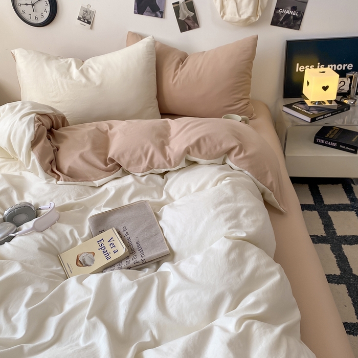 91家纺网 家纺一手货源 找家纺 夜笙家纺 2025新款水洗棉纯色双拼四件套 双拼-奶茶啵啵