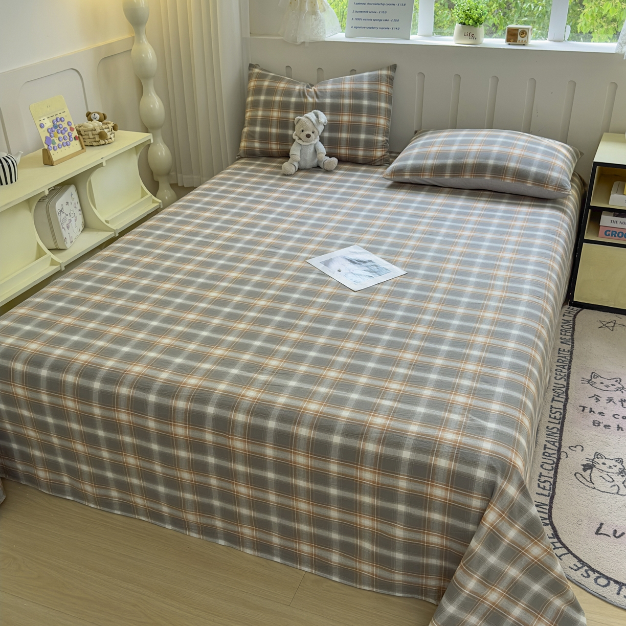 91家纺网 家纺一手货源 找家纺 晚依家纺 2025新款A类色织全棉水洗棉床单单件纯棉格子纯色学生宿舍定制定做 诺卡-浅灰