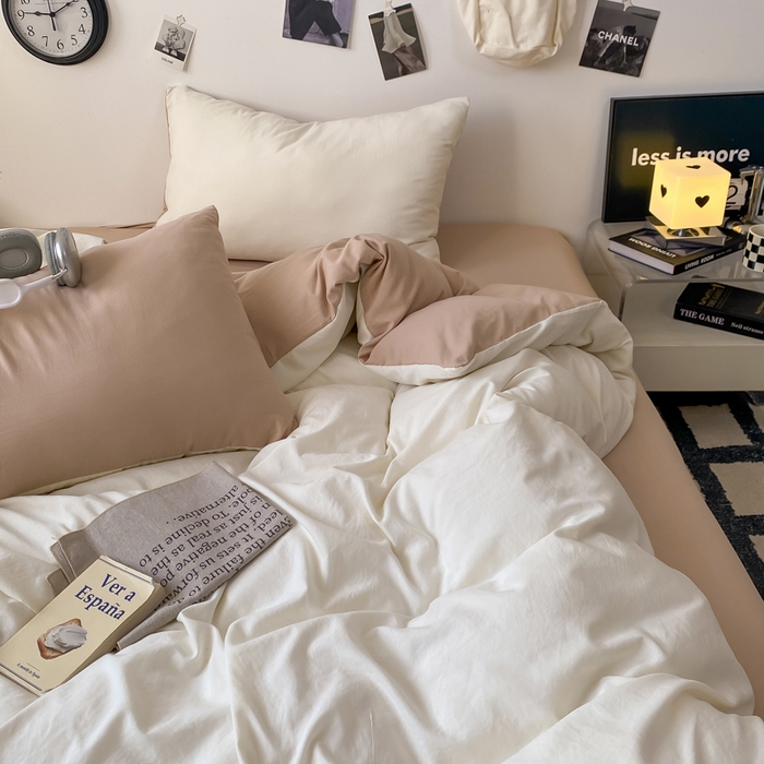 91家纺网 家纺一手货源 找家纺 夜笙家纺 2025新款水洗棉纯色双拼四件套 双拼-奶茶啵啵