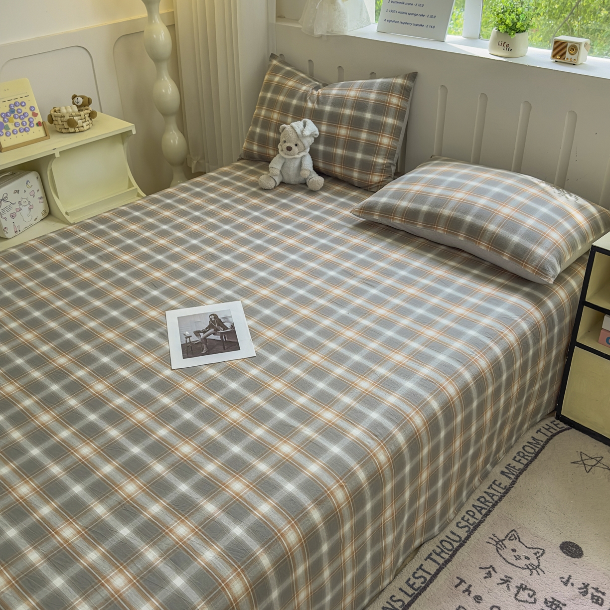 91家纺网 家纺一手货源 找家纺 晚依家纺 2025新款A类色织全棉水洗棉床单单件纯棉格子纯色学生宿舍定制定做 诺卡-浅灰