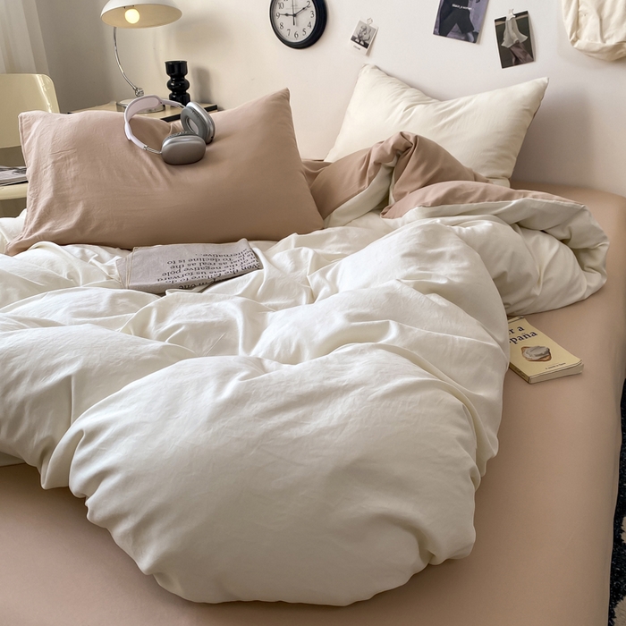 91家纺网 家纺一手货源 找家纺 夜笙家纺 2025新款水洗棉纯色双拼四件套 双拼-奶茶啵啵